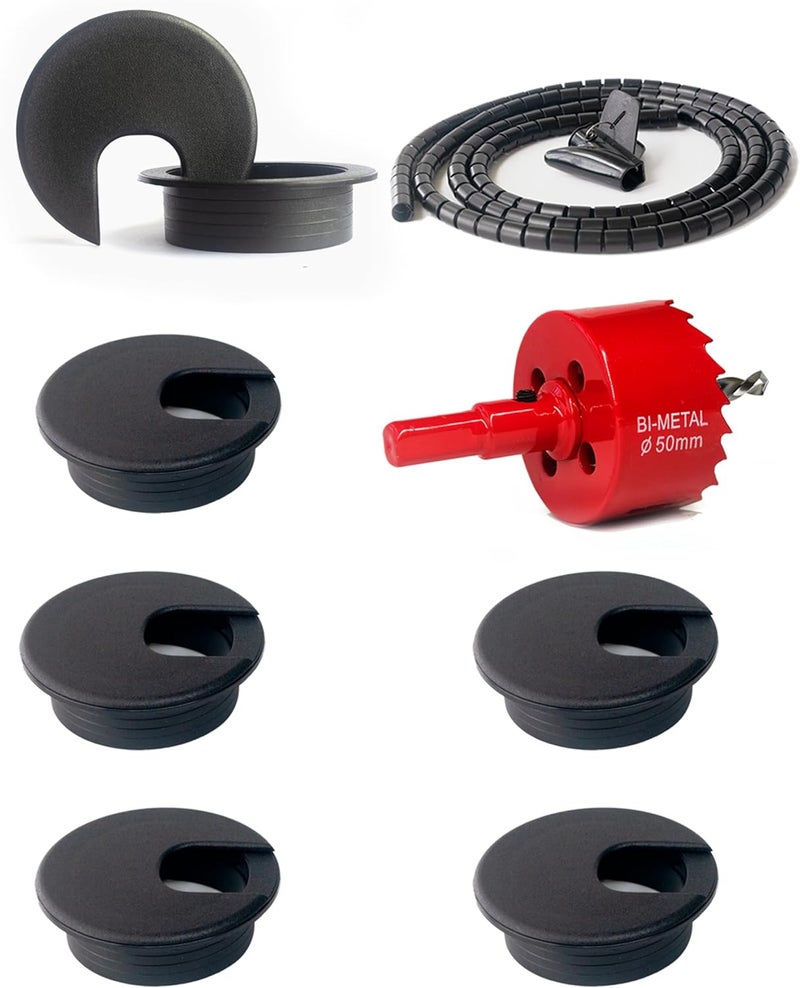 Bicafa 6 Pack Desk Grommet 2 Inch (50 mm) Bi-Metal Hole Saw Kit with Cord Wrap Coiled Tube Management,2 m Cable Sleeve Organizer with Table Hole Cover - Image 1